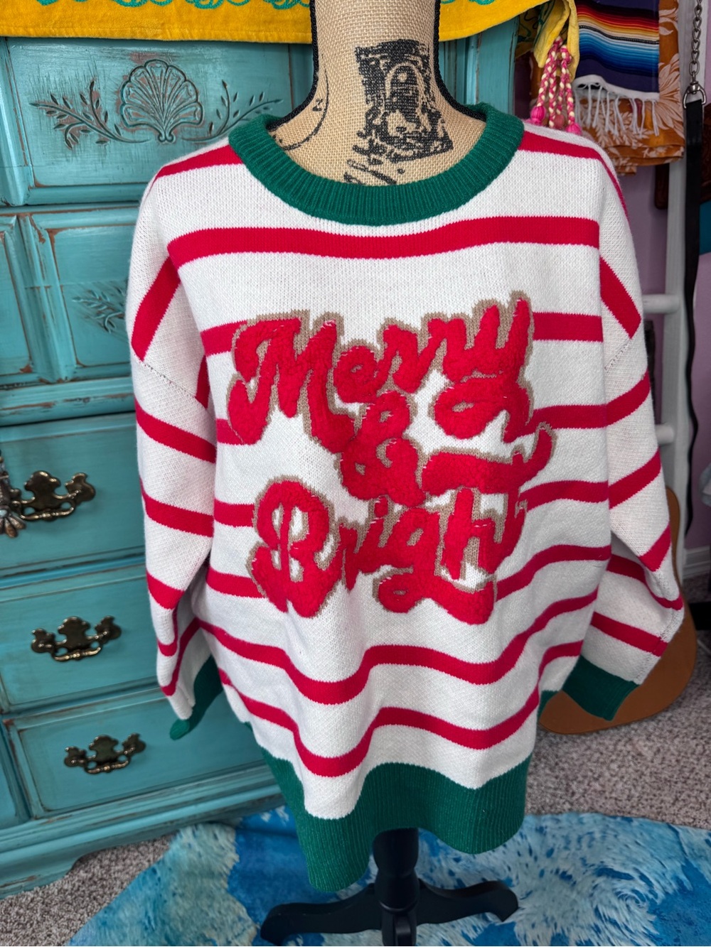 BiBi White & Red 'Merry & Bright' Striped Crewneck Sweater with Green Trim